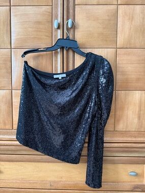 Wayf Black Sequin One-Shoulder Long-Sleeve Top